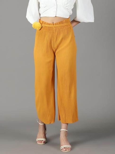 showoff mustard striped straight fit mid rise parallel trousers