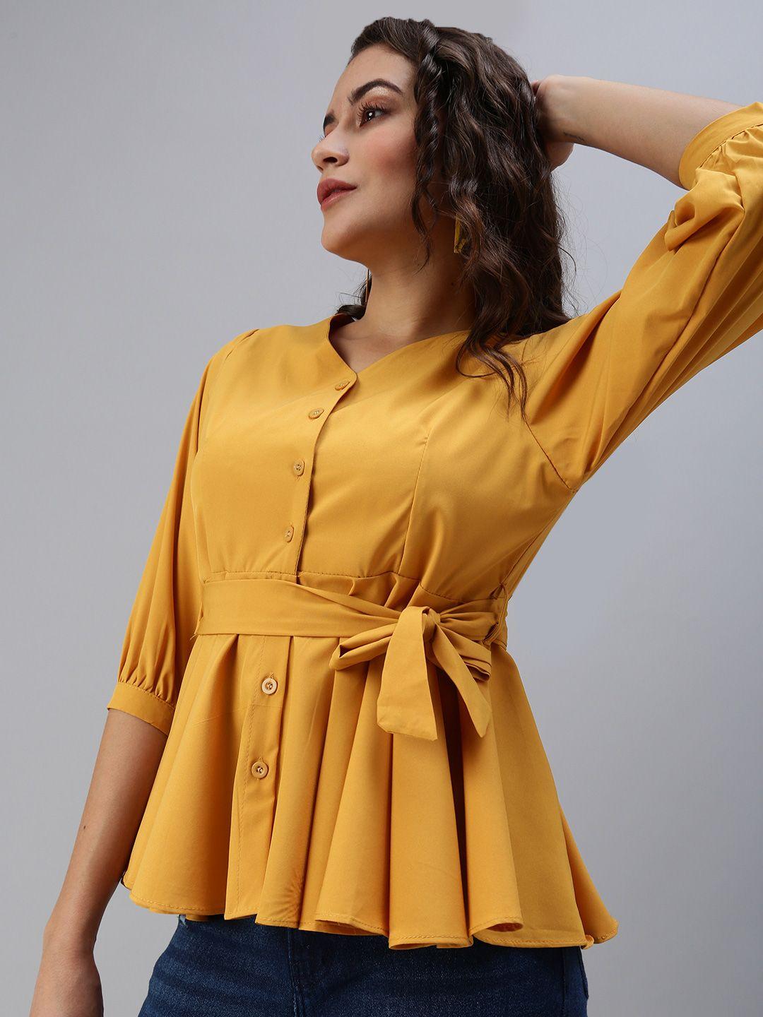 showoff mustard yellow crepe cinched waist top