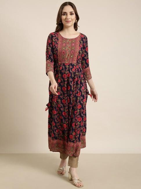 showoff navy & red floral print anarkali kurta