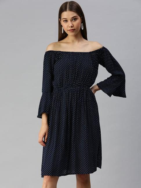 showoff navy blended polka dot fit & flare dress