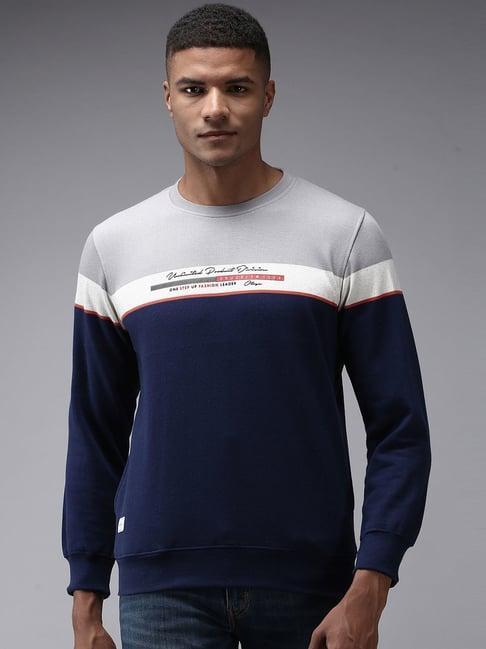showoff navy blue cotton regular fit colour block sweatshirt