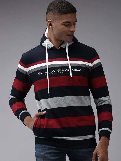 showoff navy blue cotton regular fit striped hooded sweatshirt