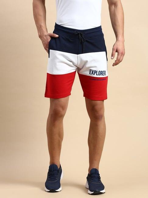 showoff navy blue cotton slim fit colour block shorts