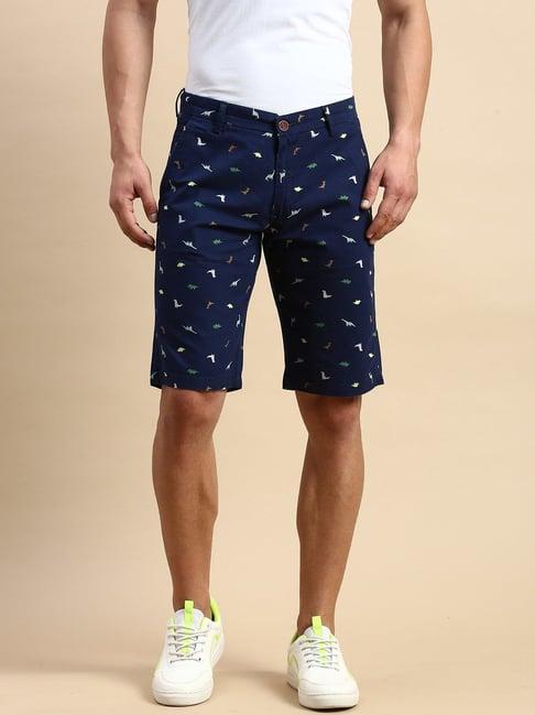 showoff navy blue cotton slim fit printed shorts