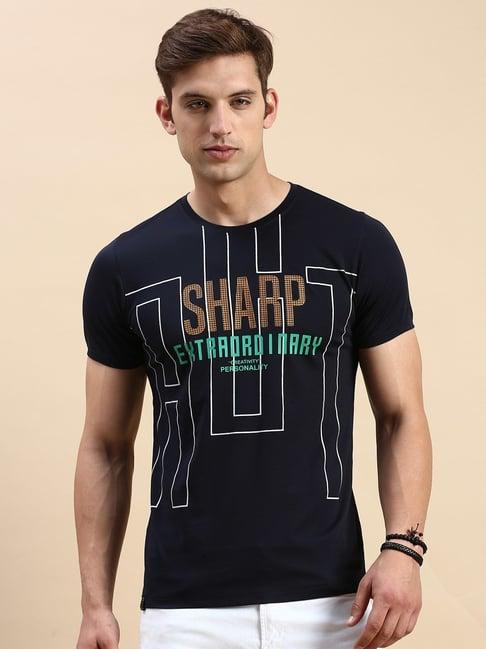 showoff navy blue cotton slim fit printed t-shirt