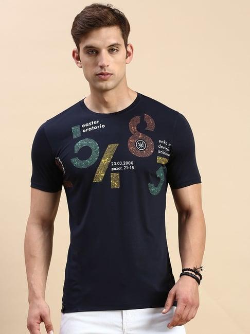 showoff navy blue cotton slim fit printed t-shirt