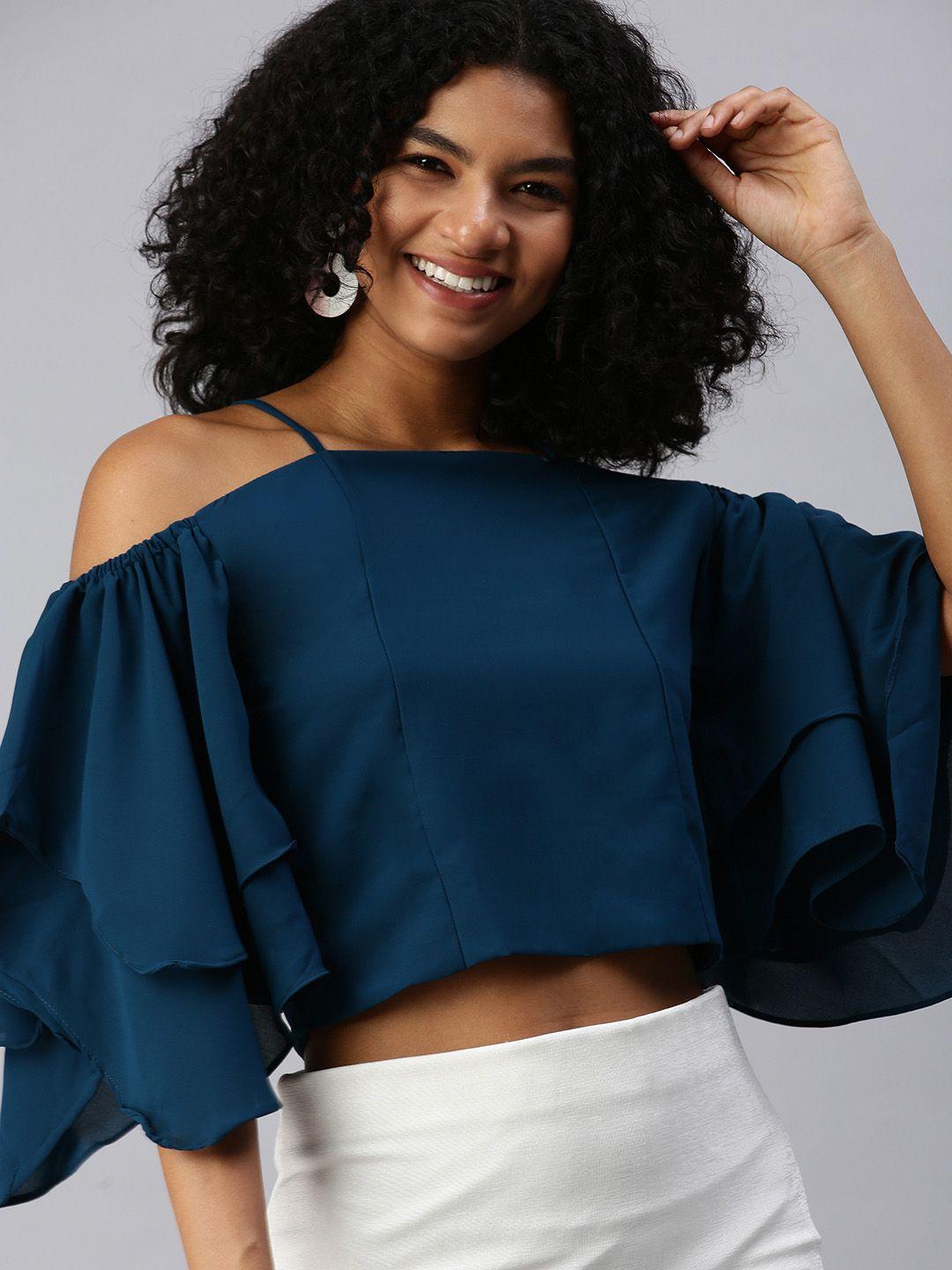 showoff navy blue solid crepe crop top