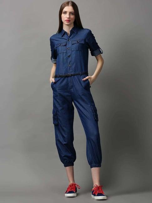 showoff navy cotton a-line jumpsuit