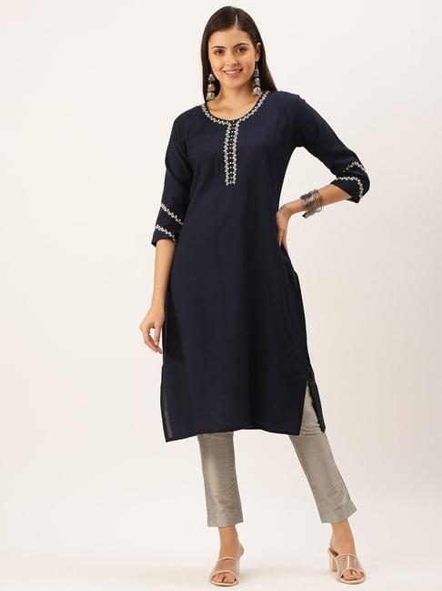 showoff navy cotton calf length straight kurta