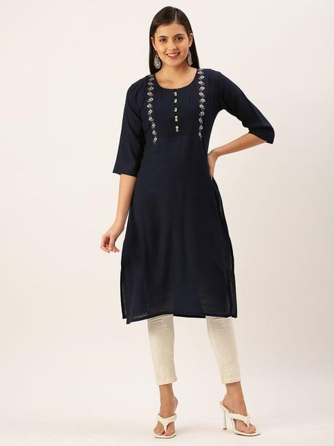 showoff navy cotton calf length straight kurta