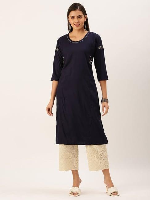 showoff navy cotton calf length straight kurta