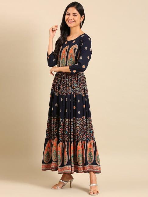 showoff navy cotton embellished anarkali kurta