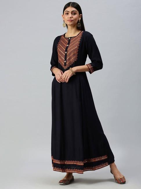 showoff navy cotton embroidered calf length straight kurta