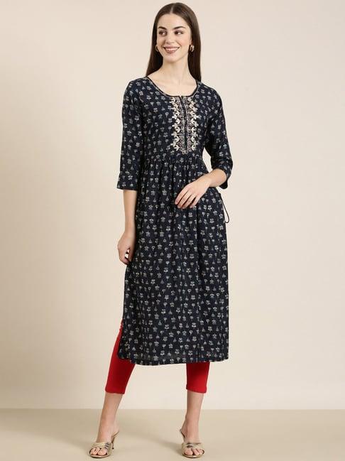 showoff navy cotton floral print kurta