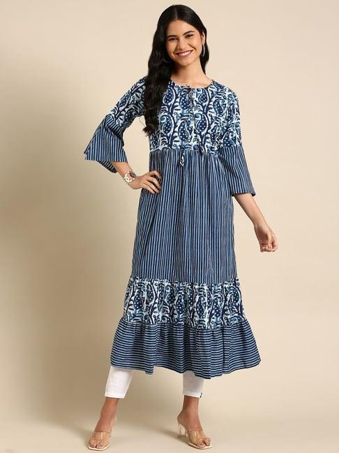 showoff navy cotton paisley print anarkali kurta