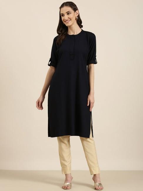 showoff navy cotton regular fit kurta