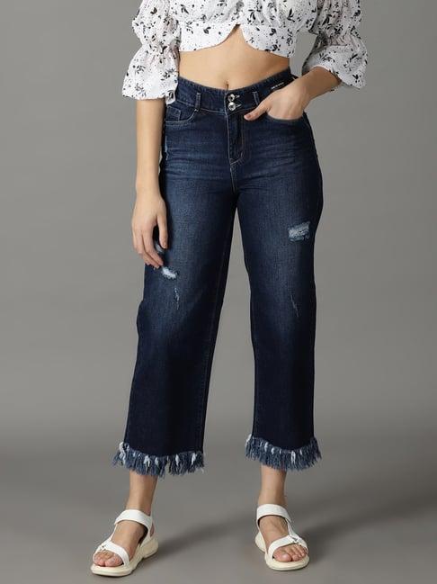 showoff navy distressed regular fit high rise jeans