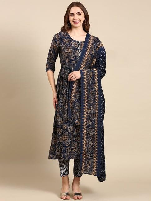 showoff navy embellished kurta with pants & dupatta