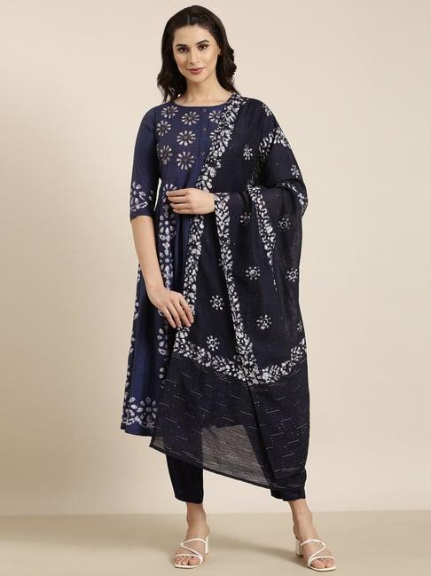 showoff navy embellished kurta with pants & dupatta