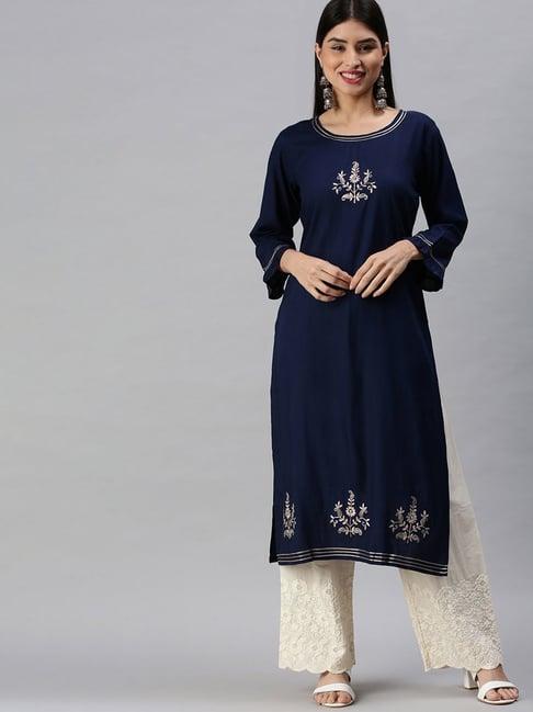 showoff navy embroidered kurta with palazzo