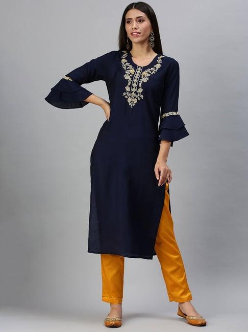 showoff navy embroidered straight calf length kurta with pants