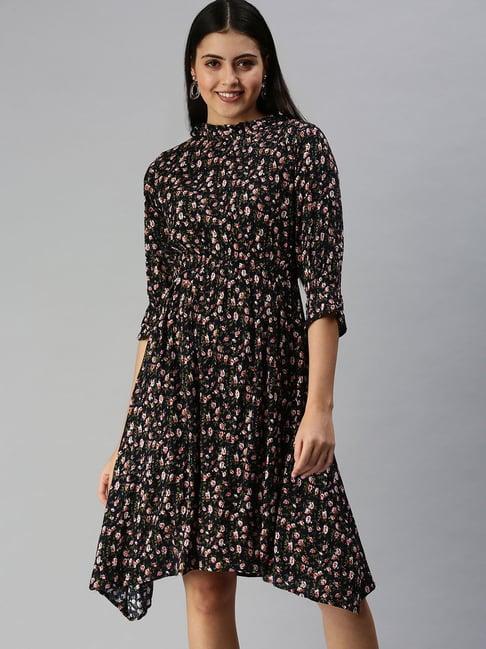 showoff navy floral print a line dress