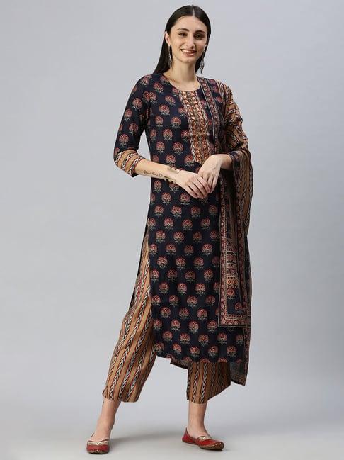 showoff navy floral print kurta with pants & dupatta