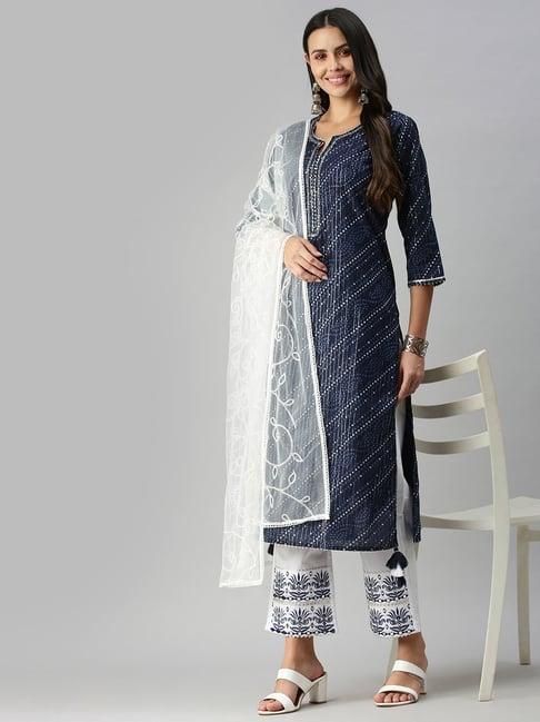 showoff navy printed straight kurta with pants & dupatta