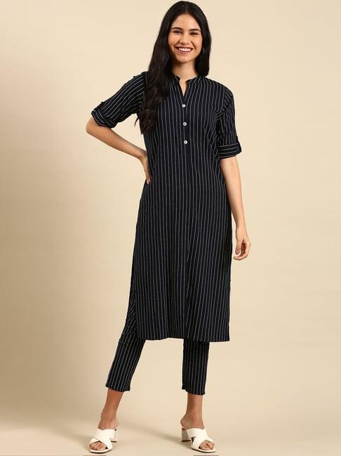 showoff navy striped kurta pant set