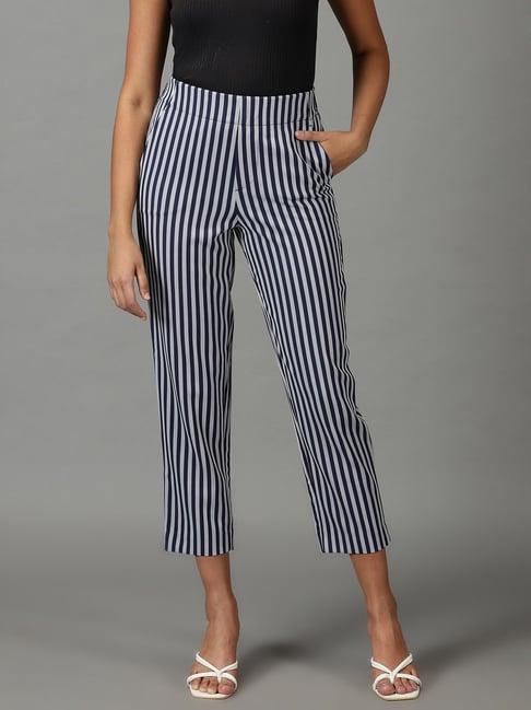 showoff navy striped straight fit mid rise trousers