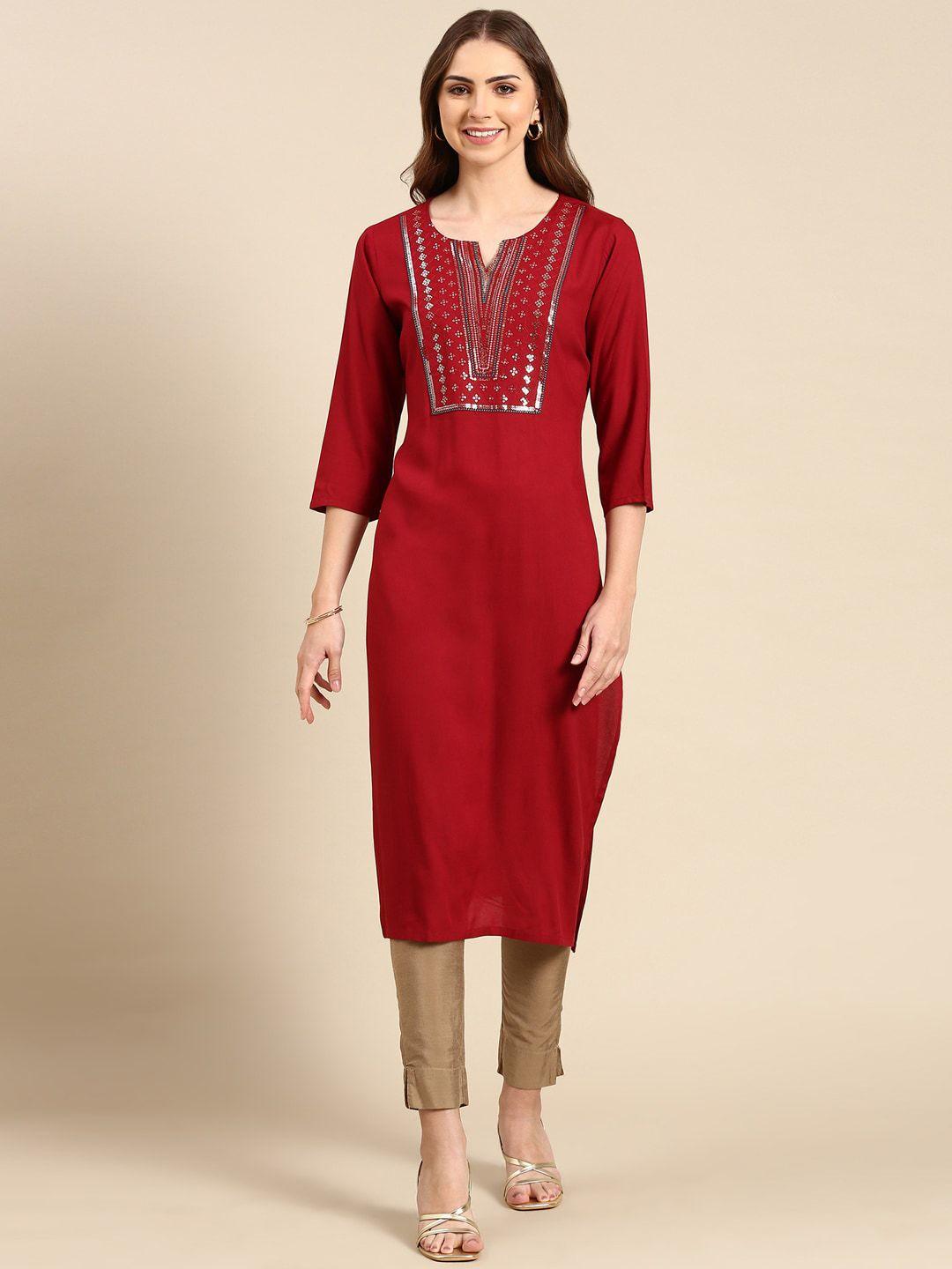 showoff notched neck sequined embellished straight kurta