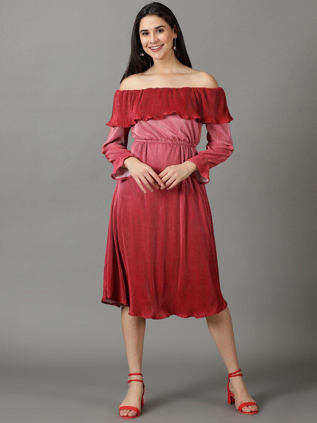 showoff off shoulder accordion pleats ruffled satin fit & flare dress