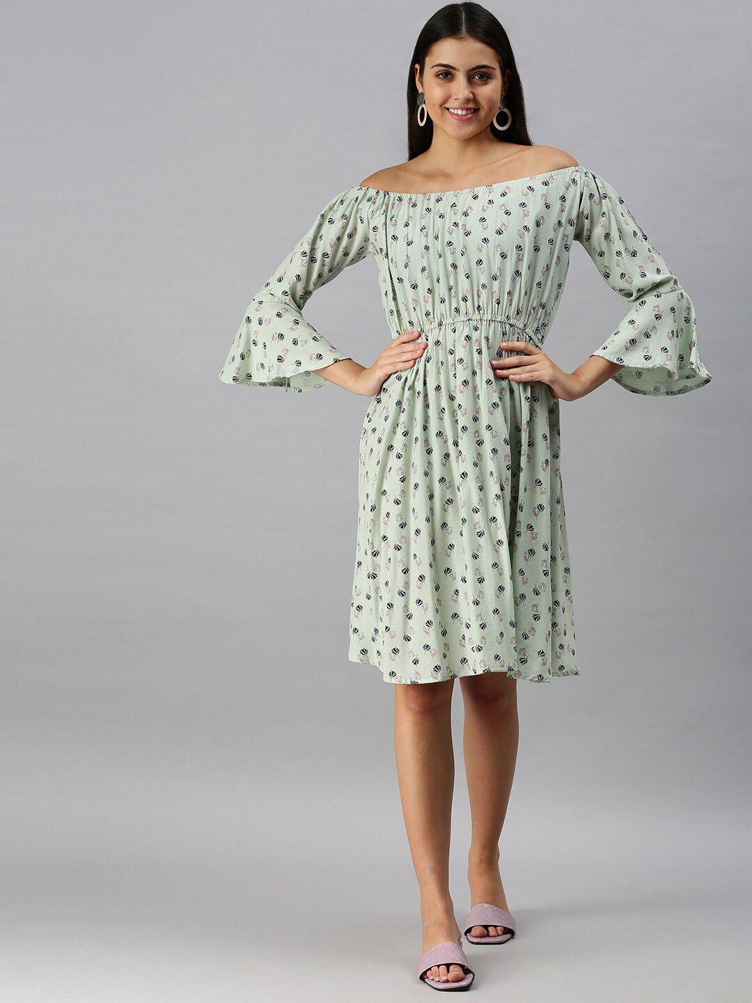 showoff off-shoulder conversational printed crepe a-line dress