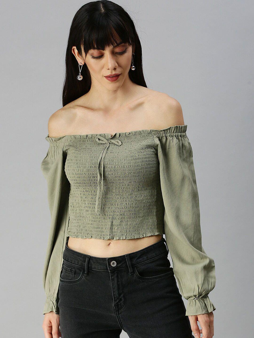 showoff off-shoulder smocking bardot top