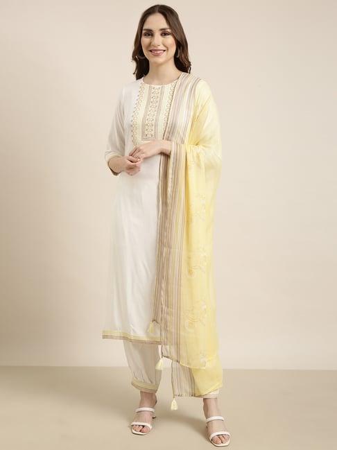 showoff off white & yellow embellished kurta with patiala & dupatta