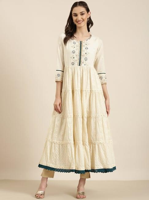 showoff off white cotton embellished kurta