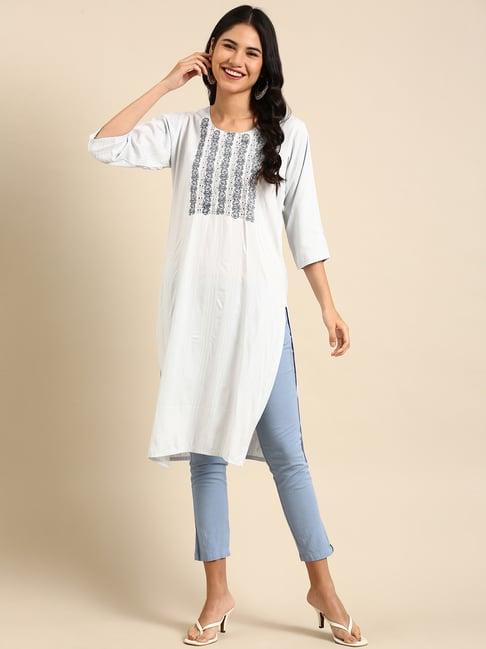 showoff off-white cotton embellished straight kurta