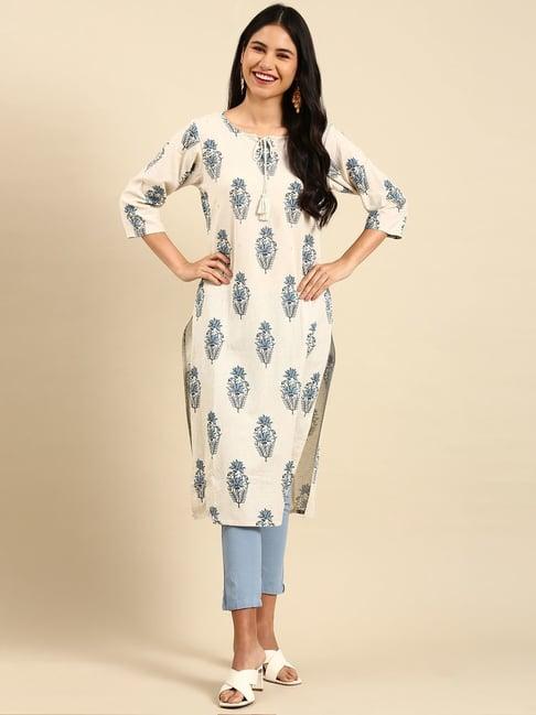 showoff off-white cotton embellished straight kurta