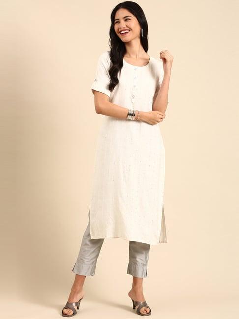 showoff off-white cotton embellished straight kurta