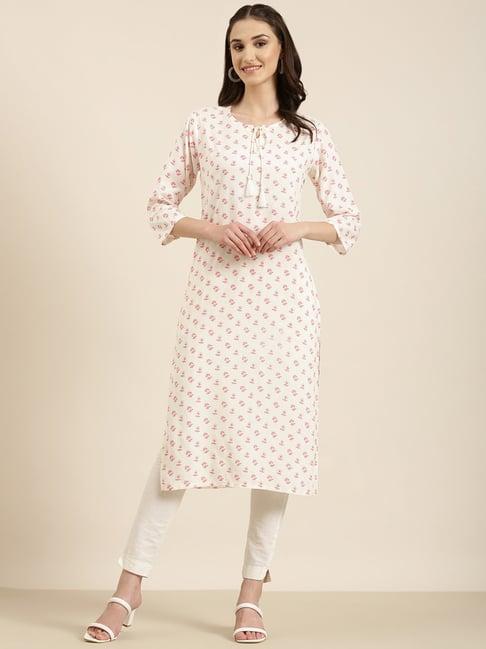 showoff off white cotton floral print kurta