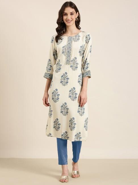 showoff off white cotton floral print kurta