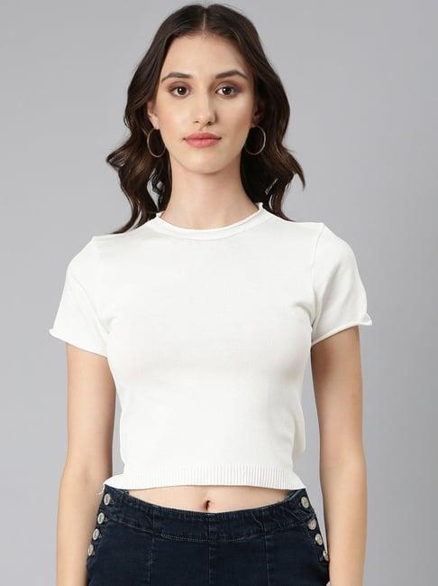 showoff off white cotton regular fit crop top