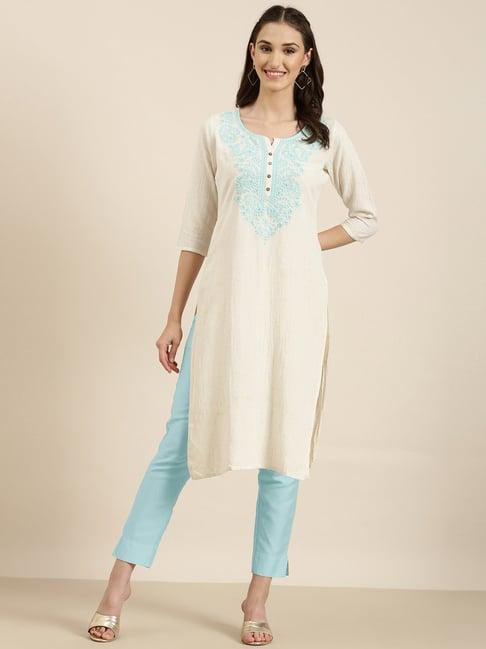 showoff off white cotton regular fit kurta