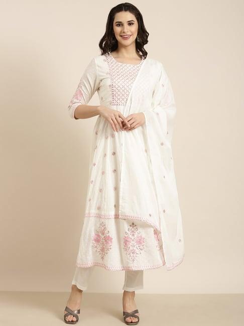 showoff off white embellished kurta with pants & dupatta