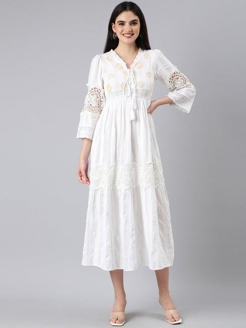 showoff off white embroidered midi dress