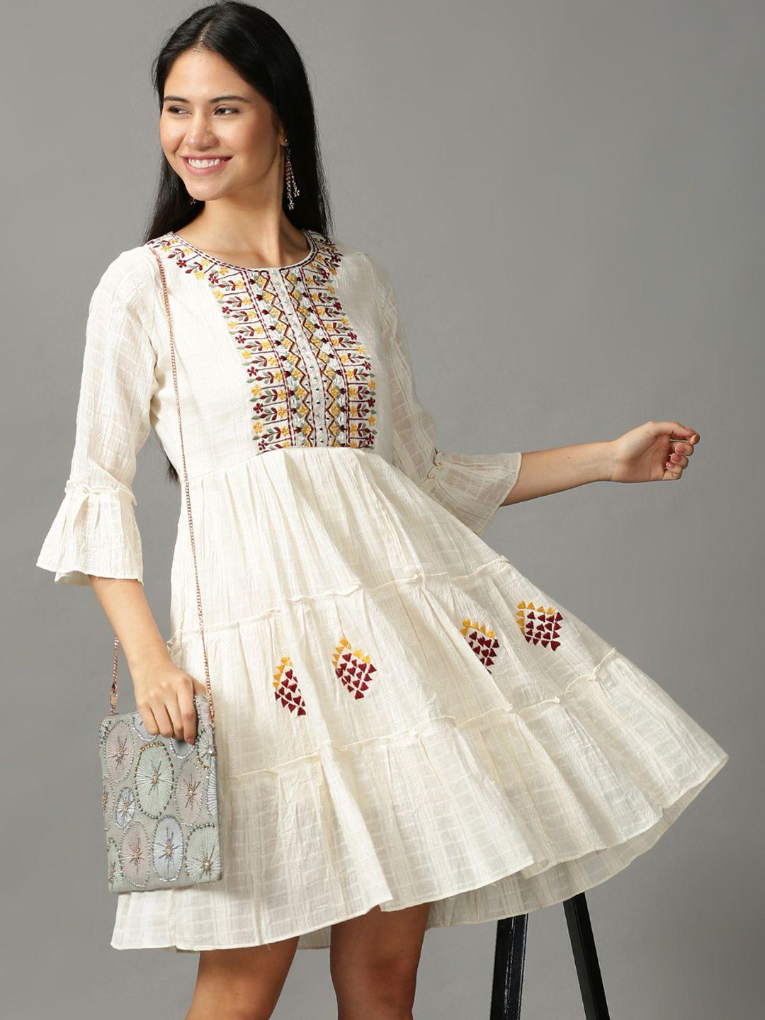 showoff off white ethnic motifs embroidered cotton a-line dress