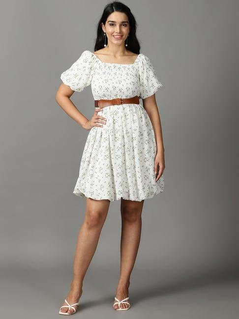 showoff off-white floral print a-line dress