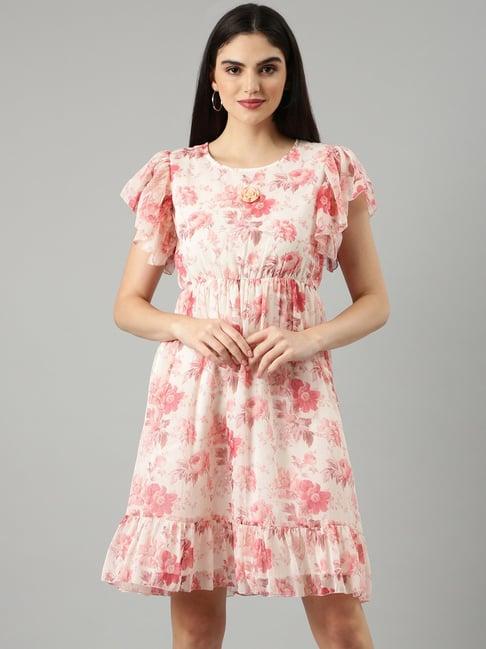 showoff off white floral print fit & flare dress