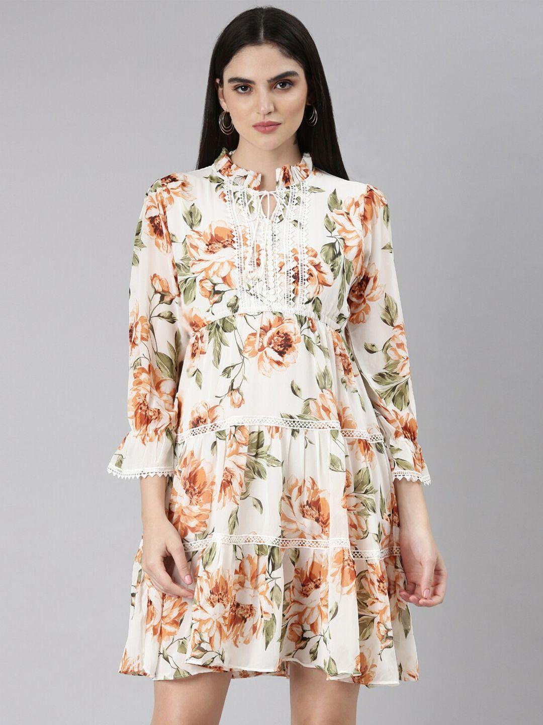 showoff off white floral print tie-up neck crepe a-line dress