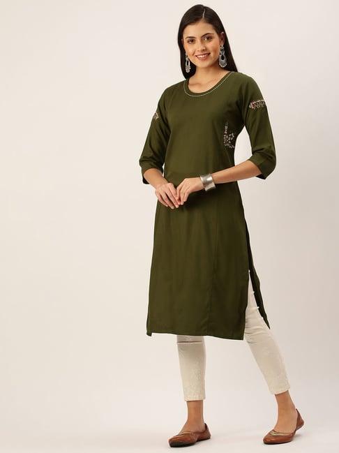 showoff olive cotton calf length straight kurta